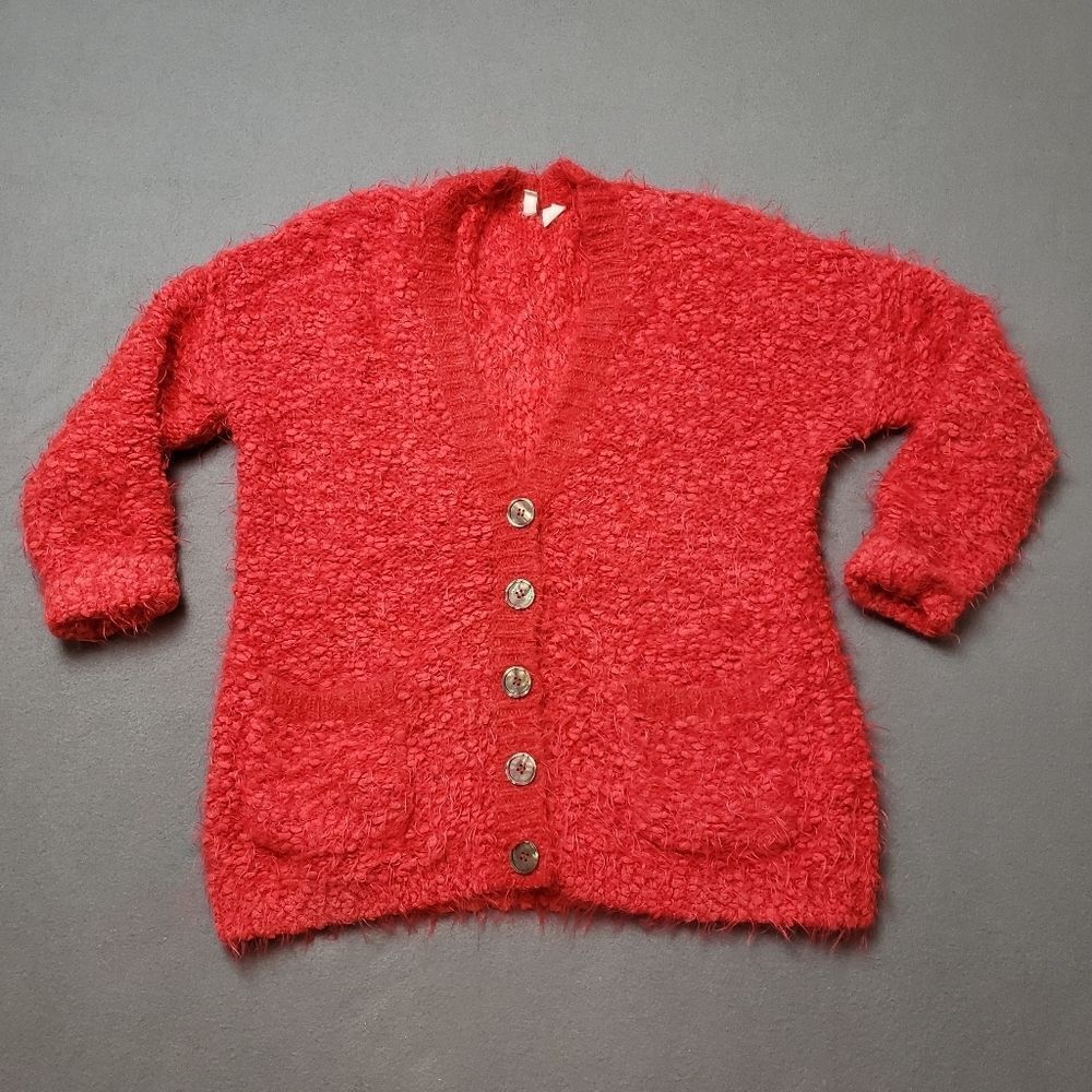 Moth Fuzzy Red Wool blend button up Cardigan in Red.